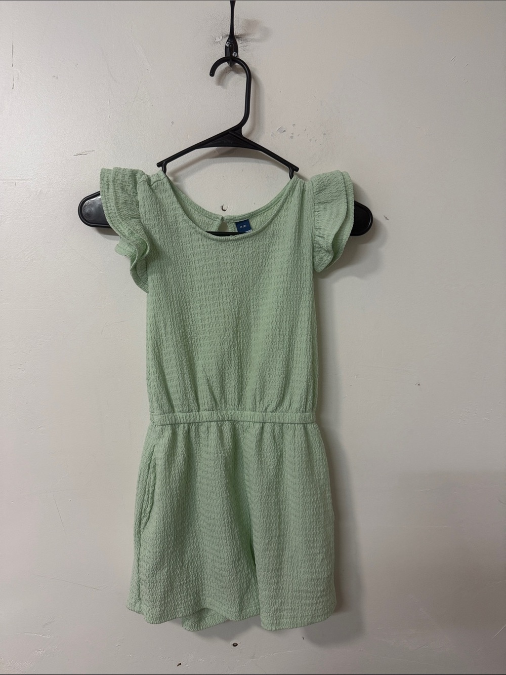 Light Green Girls' Textured Romper with Flutter Sleeves